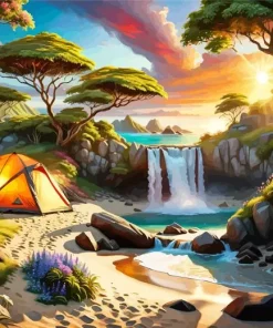 Campsite By Waterfall Diamond Painting