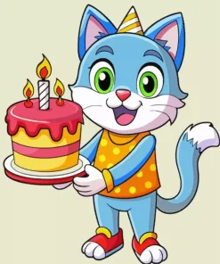 Cartoon Cat Holding Birthday Cake Diamond Painting