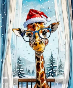 Cartoon Giraffe Wearing Santa Hat Diamond Painting