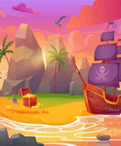 Cartoon Pirate Ship At Sunset Diamond Painting