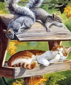 Cat And Squirrels Diamond Painting