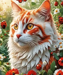 Cat And Ladybugs Diamond Painting