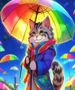Cat Under Rainbow Umbrella Diamond Painting