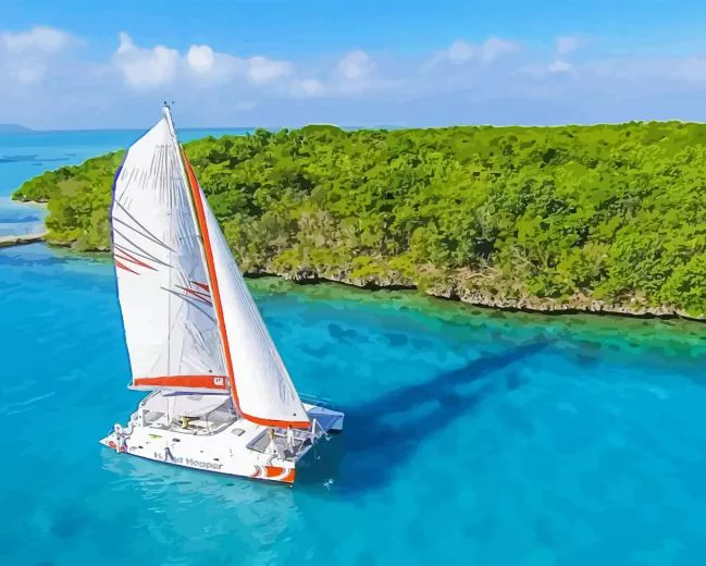 Catamaran with island landscape Diamond With Numbers Catamaran With Island Landscape Diamond Painting