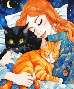 Cats And Girl Sleeping Diamond Painting