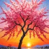 Cherry Blossom Tree At Sunset Diamond Painting