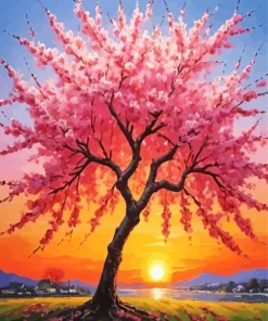 Cherry Blossom Tree At Sunset Diamond Painting