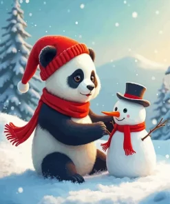 Christmas Panda With Snowman Diamond Painting