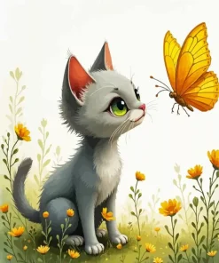 Grey Cat And Butterfly Diamond Painting