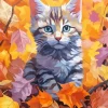 Grey Cat In Fall Leaves Diamond Painting