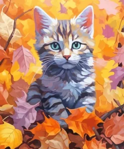 Grey Cat In Fall Leaves Diamond Painting