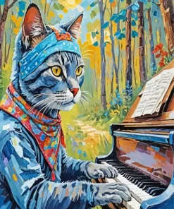 Grey Cat Playing The Piano Diamond Painting