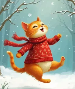 Happy Cartoon Cat In Snow Diamond Painting