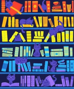 Illustration Bookcase Cats Diamond Painting