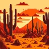 Illustration Cactus Desert At Sunrise Diamond Painting