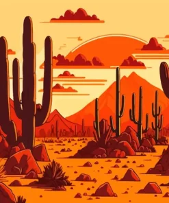 Illustration Cactus Desert At Sunrise Diamond Painting