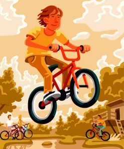 Illustration Cartoon Boy Riding Bike Art Diamond Painting