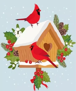 Illustration Christmas Bird House Diamond Painting