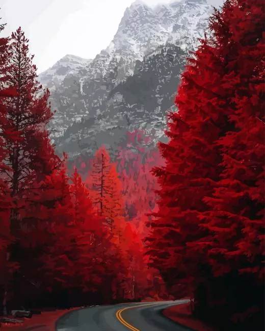 Red forest trees Diamond By Numbers Red Forest Trees Diamond Painting