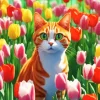 Tabby Cat With Tulips Diamond Painting