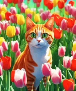 Tabby Cat With Tulips Diamond Painting