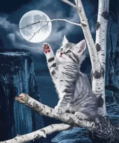 Tabby Cat Reaching For Moon Diamond Painting