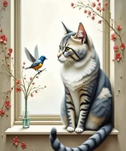The Cat And The Bird Diamond Painting