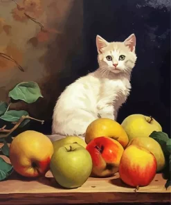 White Cat And Apples Diamond Painting