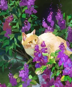 Abstract Cat With Purple Flowers Diamond Painting