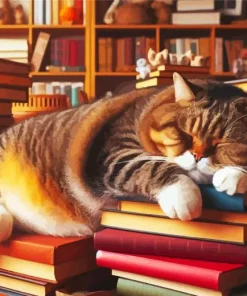 Aesthetic Sleepy Cat Bookshop Art Diamond Painting