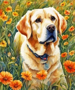 Blonde Labrador In Flowers Field Diamond Painting