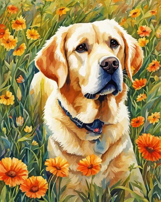 blonde labrador in flowers field Diamond With Numbers Blonde Labrador In Flowers Field Diamond Painting