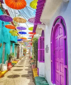 Cartagena Umbrella Street Diamond Painting
