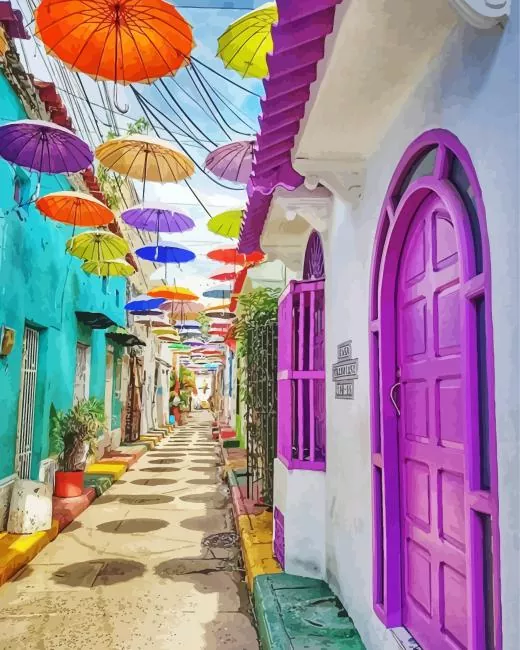 cartagena umbrella street Diamond Paintings Cartagena Umbrella Street Diamond Painting
