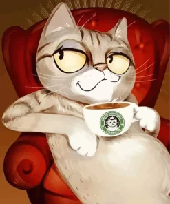 Cartoon Cat Drinking Coffee Diamond Painting