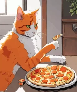 Cartoon Cat Eating Pizza Diamond Painting
