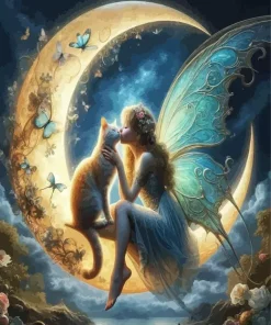 Cat And Fairy On The Moon Diamond Painting
