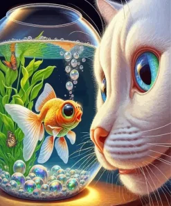 Cat And Fish Bowl Diamond Painting