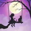 Cat And Girl Silhouette On Swing Diamond Painting