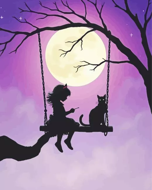 cat and girl silhouette on swing Diamond Paintings Cat And Girl Silhouette On Swing Diamond Painting