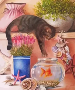 Cat And Goldfish Art Diamond Painting