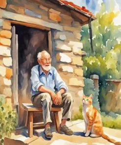 Cat And Old Man Diamond Painting