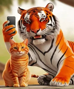 Cat And Tiger Taking Selfie Diamond Painting