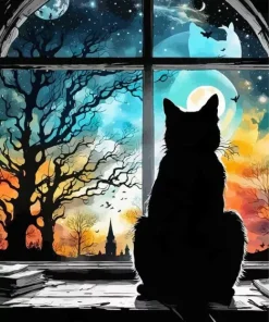 Cat By Window Silhouette Diamond Painting