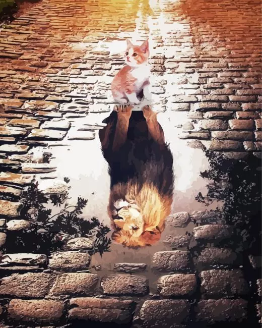 cat water reflection lion Diamond By Numbers Cat Water Reflection Lion Diamond Painting