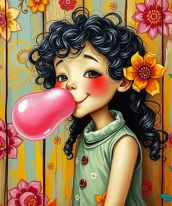 Funny Whimsical Girl With Bubblegum Diamond Painting