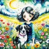 Girl And Dog In A Field Of Flowers Diamond Painting