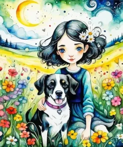 Girl And Dog In A Field Of Flowers Diamond Painting