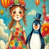 Girl And Penguin Art Diamond Painting