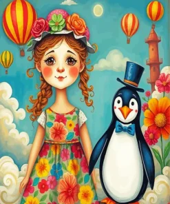 Girl And Penguin Art Diamond Painting